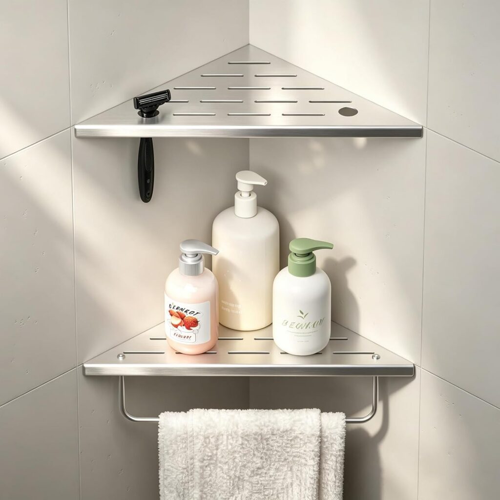 Grout-In Corner Shower Shelf with Towel Bar, 10 Inch