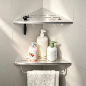 Grout-In Corner Shower Shelf with Towel Bar, 10 Inch