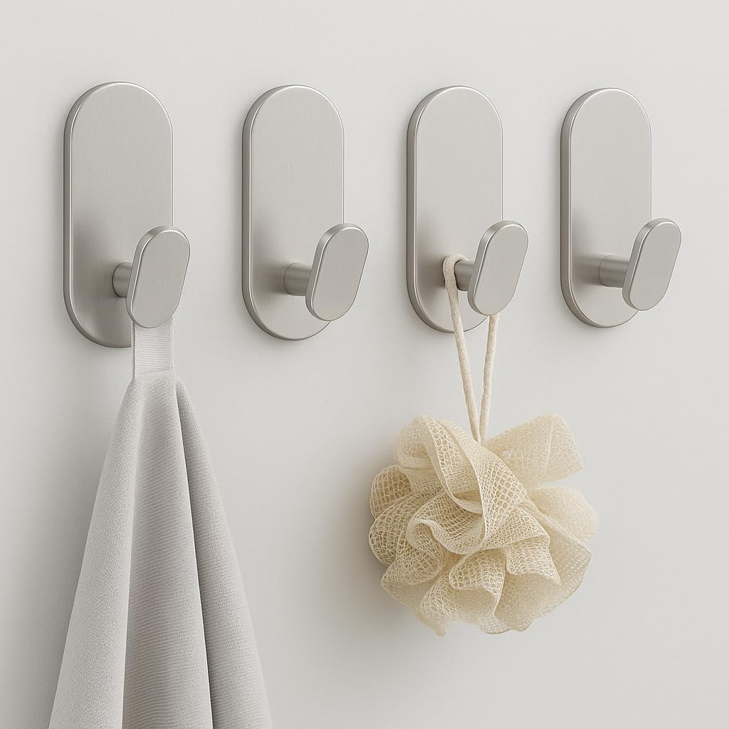Adhesive Metal Towel Hooks, Brushed Nickel, 4 Pack