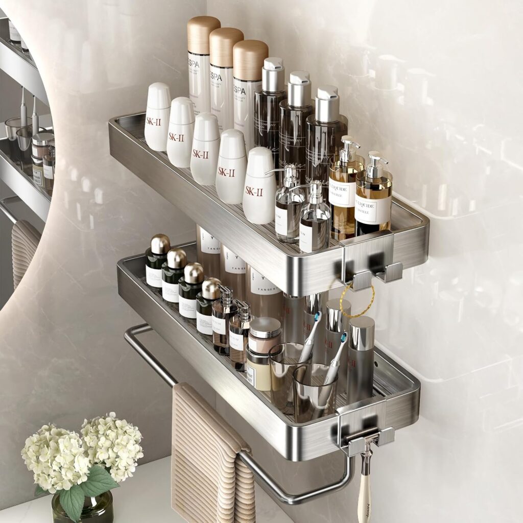 Bathroom Shelves with Movable Towel Bar, 2-Tier