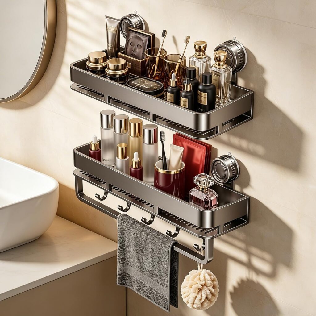 Suction Shower Shelves with Towel Bar, 2-Pack