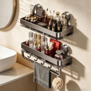 Suction Shower Shelves with Towel Bar, 2-Pack