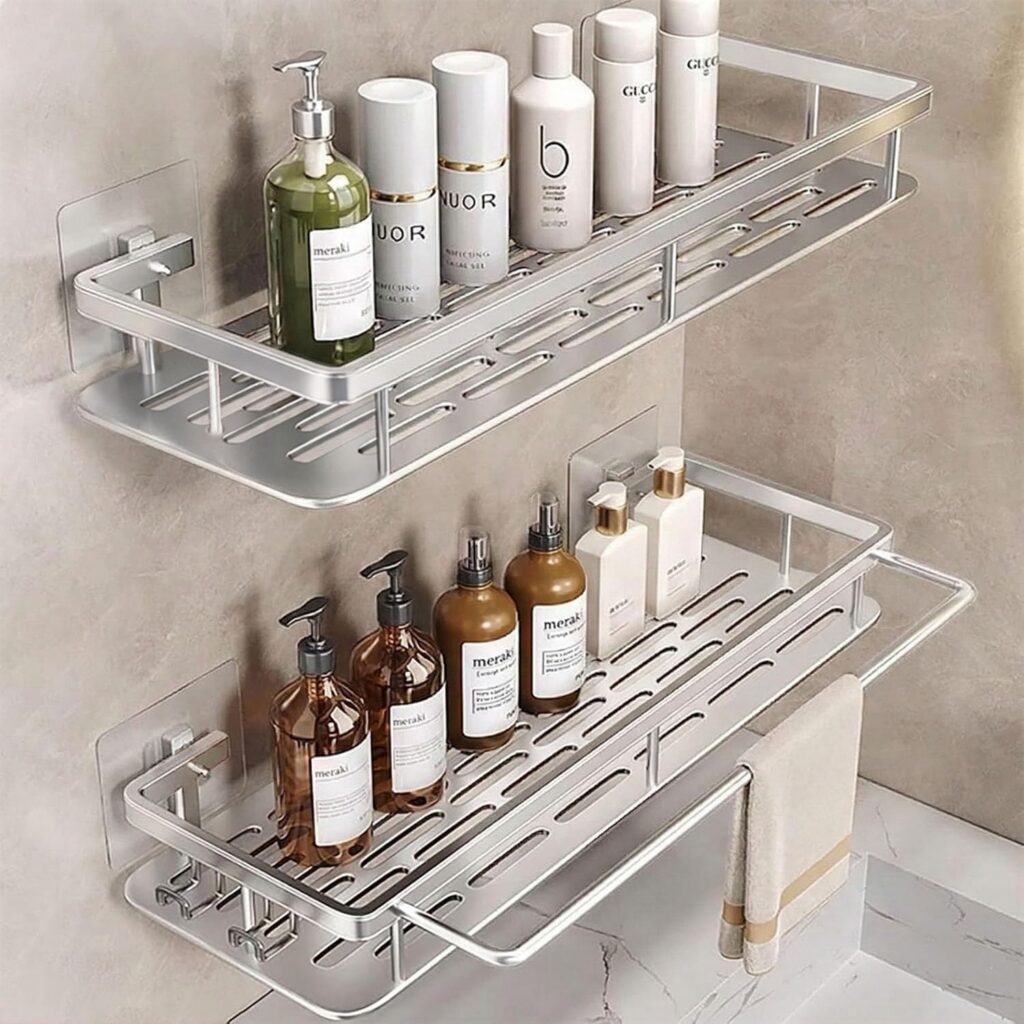 Adhesive Shower Shelves with Towel Rod, 2-Pack