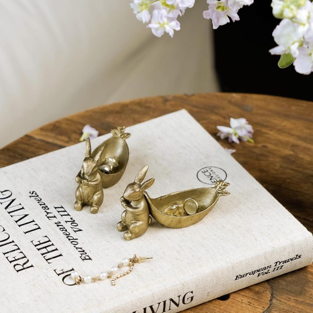 Bunny Ring Dishes in Antique Gold Metal, Set of 2
