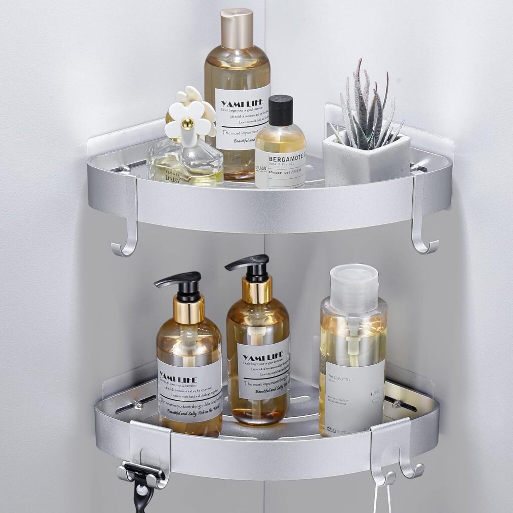 Aluminum Corner Shower Shelves with Hooks, 2-Pack