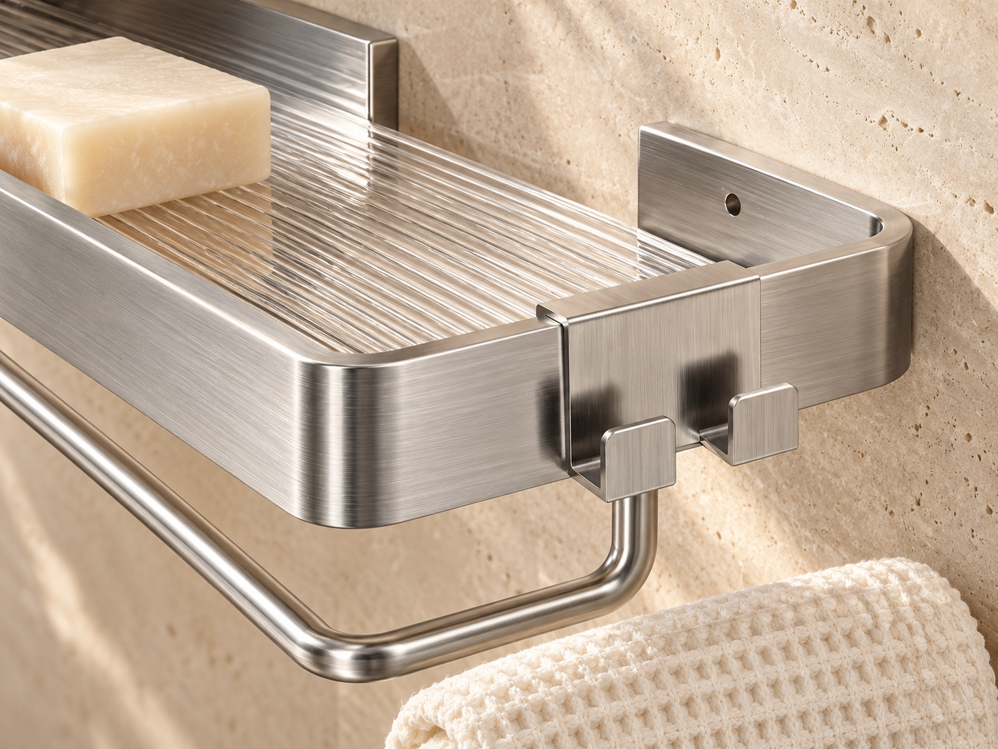 Close detail of brushed stainless steel bathroom shelf construction