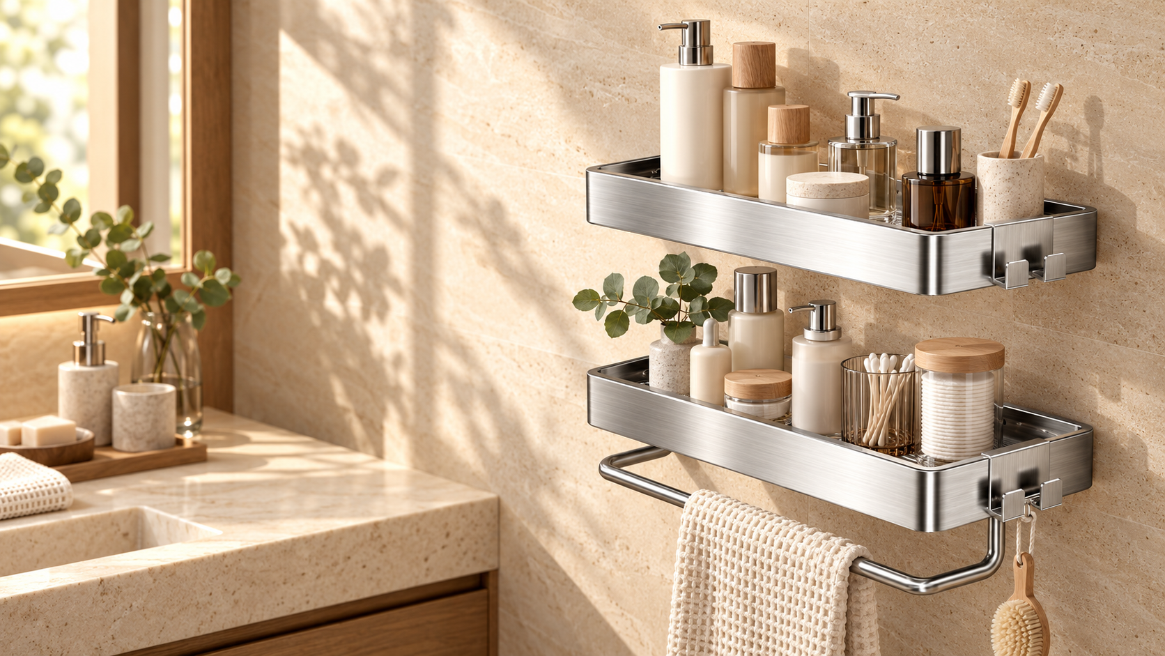 Brushed steel bathroom shelves in warm morning light