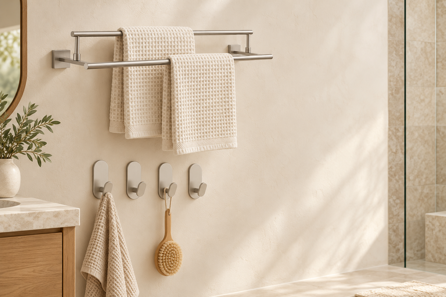 Brushed nickel towel storage and hooks in a warm bathroom